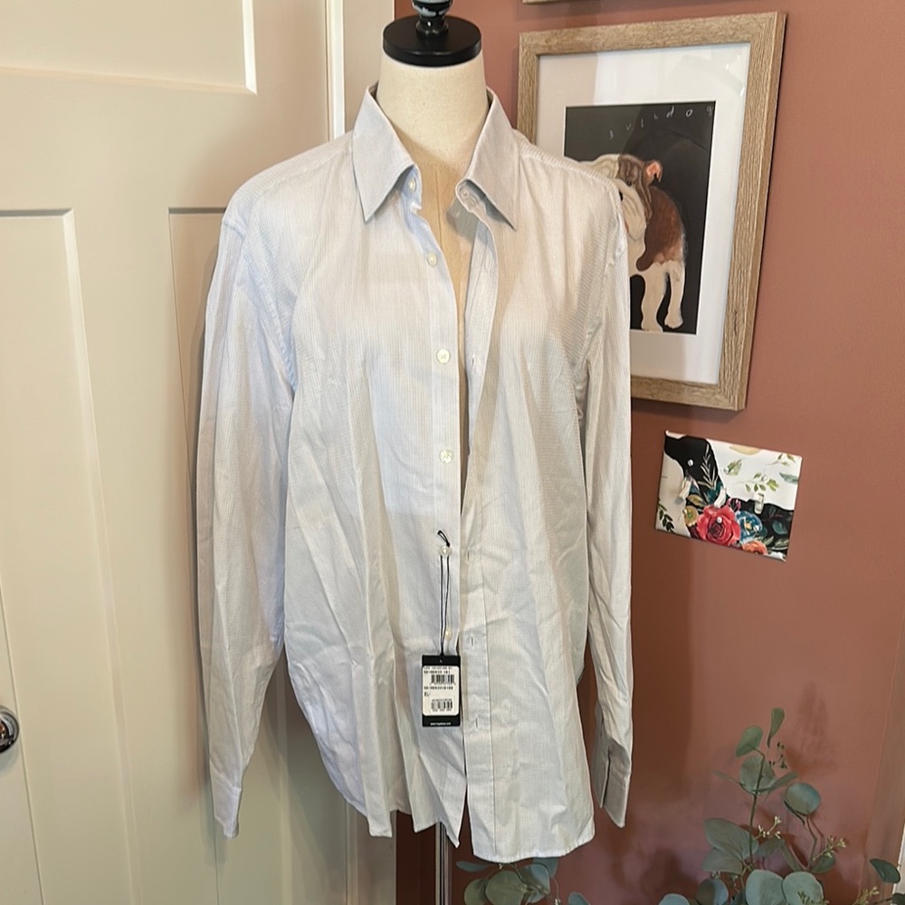 NWT Hugo Boss men’s XL 100% cotton mini checker light blue gray button up shirt